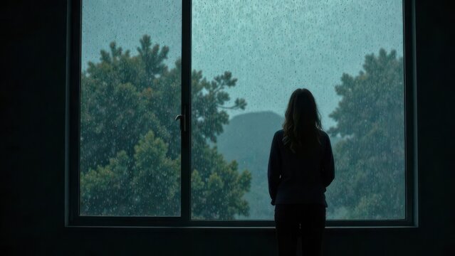 A lonely silhouette of a person standing by a rain-streaked window, melancholic mood,isolation, loneliness, alone	
