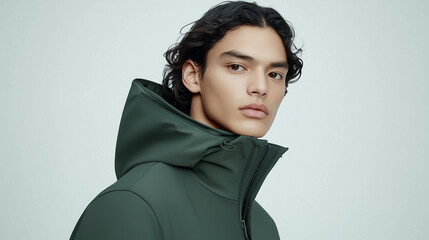 Stylish man wearing an orange and green technical fabric windbreaker with a hood, blending vibrant colors in a sustainable fashion piece. The jacket features a matte grey jersey top