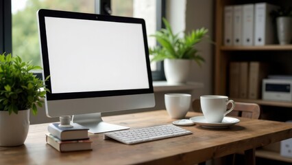 Fototapeta premium workplace office for work, laptop on the table, a cup of tea or coffee nearby, remote work, online learning, business from home, work-life balance 