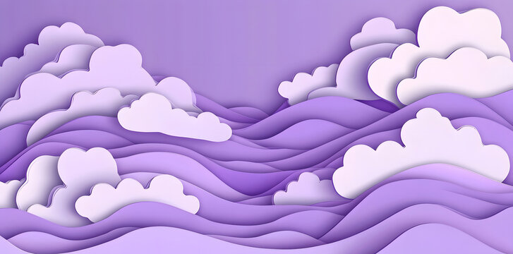 Lavender-hued paper cut clouds drift above gently rolling hills. Serene, dreamy landscape.