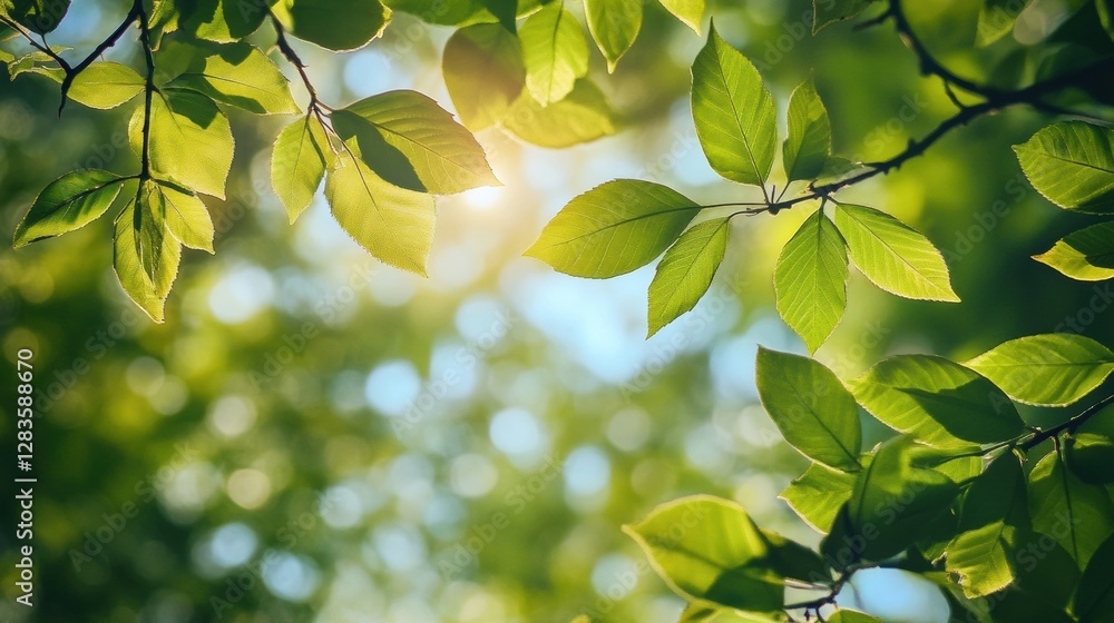Poster Sunlight filters through vibrant green leaves in a serene natural environment during daytime. Generative AI