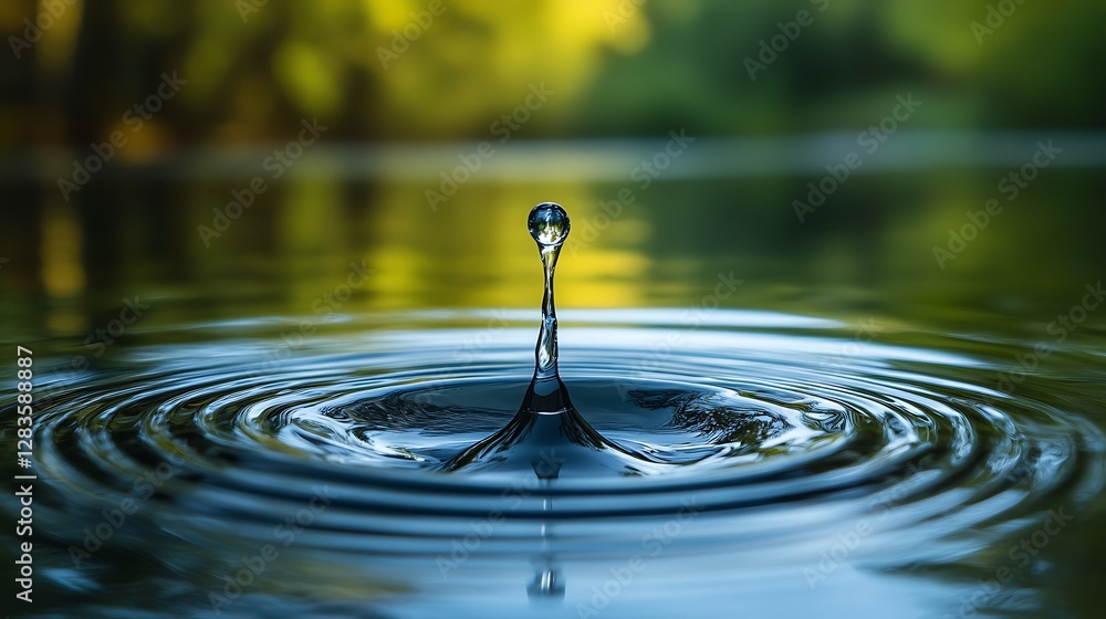 Poster water drop impact creating ripples in a lake with forest backdrop