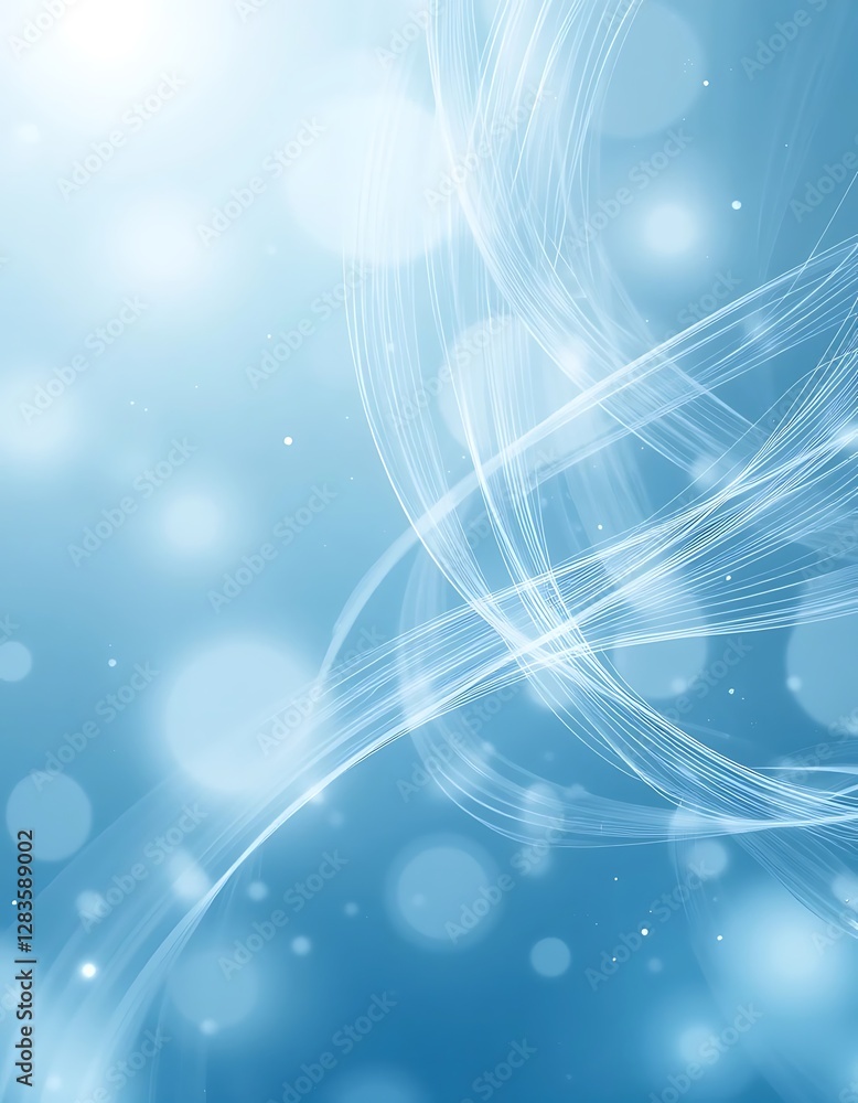 Poster abstract blue background with swirling lines and bokeh shapes