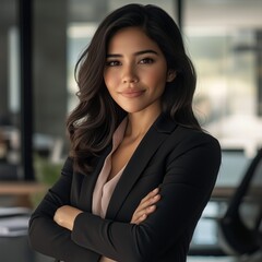 Fototapeta premium Portrait of a young Hispanic businesswoman standing confidently in an elegant office setting Professional woman in a business setting