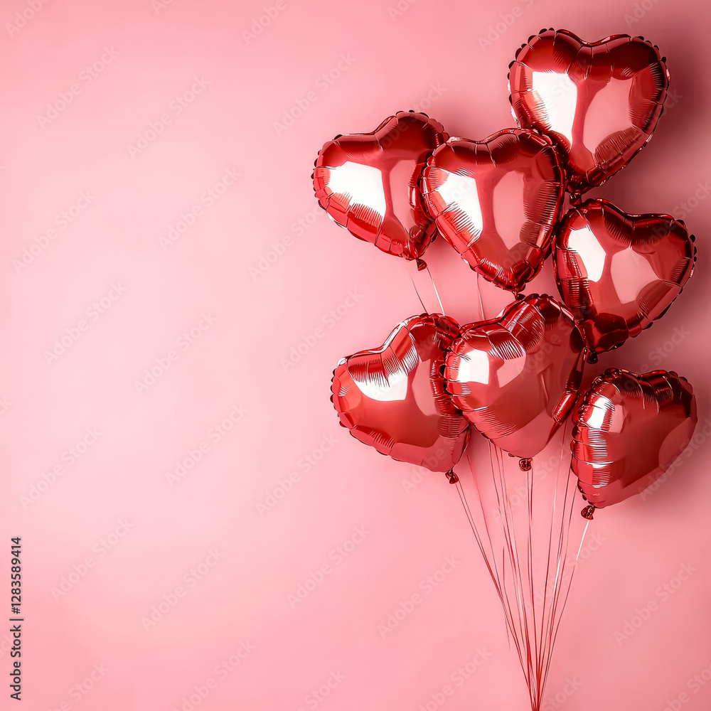 Poster bunch of red balloons with hearts on them are arranged in a row