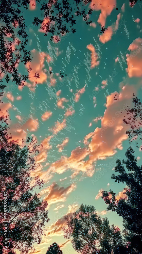 Aufkleber Clouds Transform Into Glowing Lines of Code Under a Tranquil Sky at Dusk