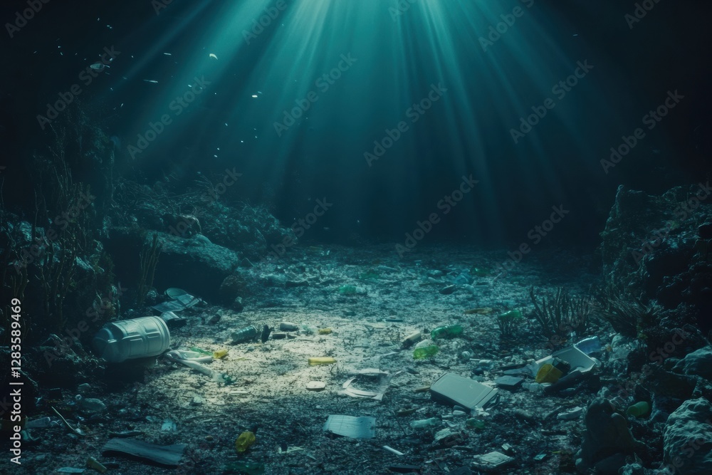 Aufkleber underwater environment with dead corals and plastic litter illuminated by dim light rays. generative