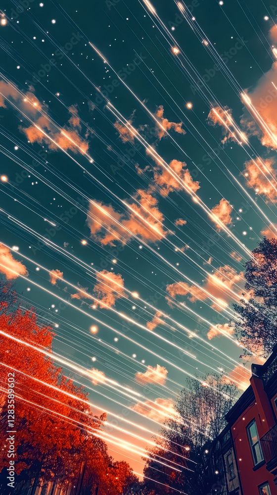 Poster peaceful sky filled with glowing lines of code under a dreamy atmosphere during sunset
