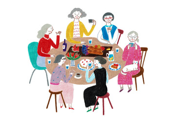 Fototapeta premium 手描きイラスト テーブルを囲んで食事をする元気なシニア女性たち