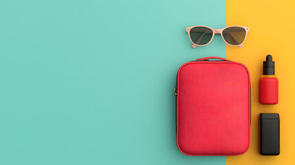 Travel essentials packing tips beach or vacation flat lay photography colorful background bright mood
