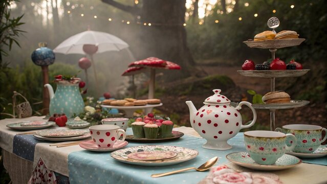 Picturesque tea party in a garden setting featuring a beautifully laid table with teaware, pastries, and heart banners.  Ideal for themes of outdoor celebrations and whimsical events