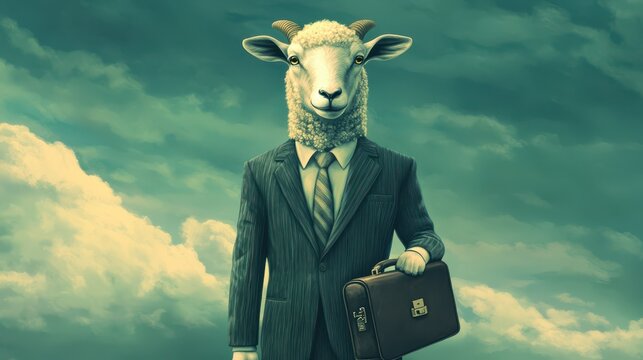 Surreal sheep in suit holding briefcase under dramatic sky