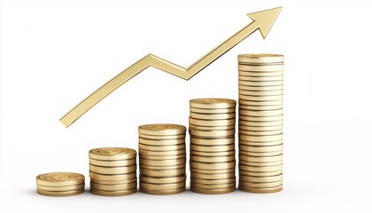 Stacked golden coins with an upward arrow, symbolizing financial growth, investment success, and increasing wealth accumulation