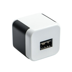 Compact USB charger with black and white design isolated on transparent background, PNG