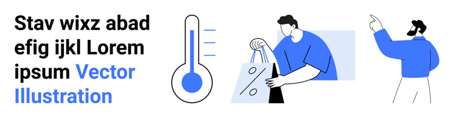 Thermometer with rising levels, person carrying shopping bags, person pointing in blue attire. Ideal for temperature, shopping, direction, guidance, health ecommerce navigation. Landing page