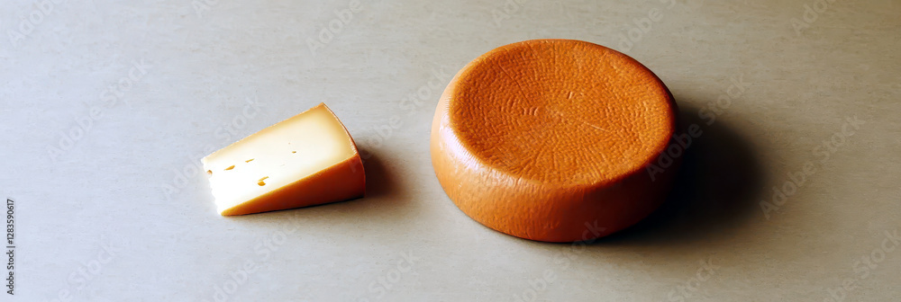 Poster round cheese wheel with a perfectly cut slice creating a sense of balance and minimalism