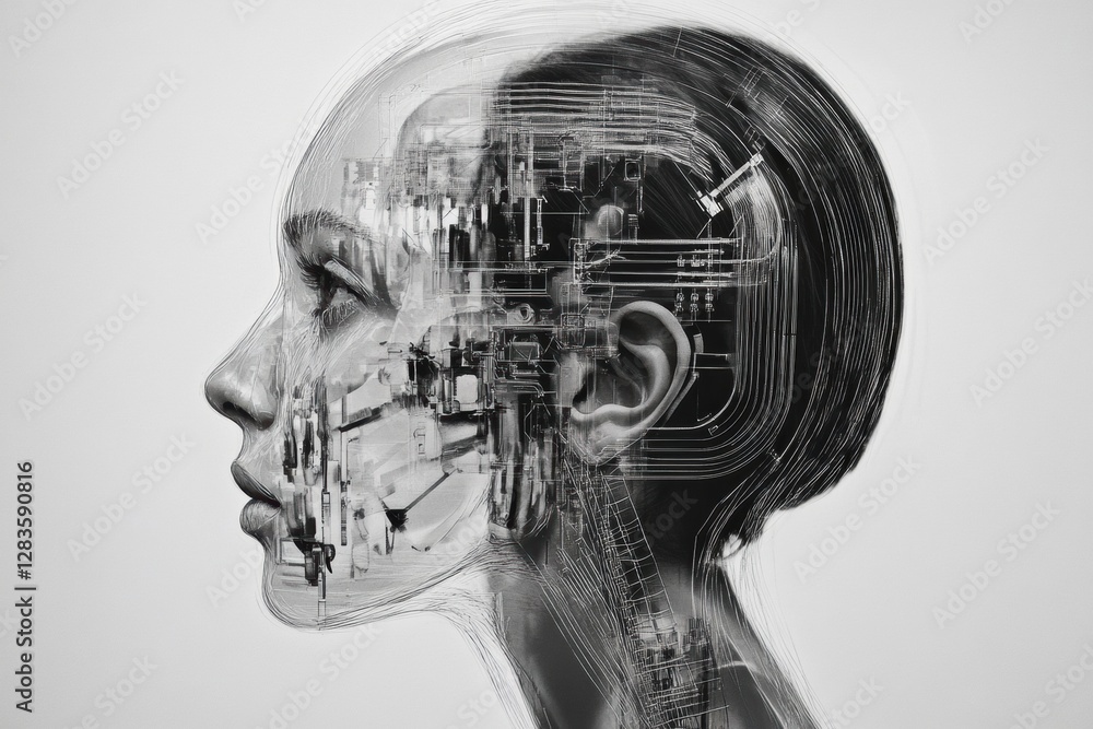 Poster human head outline filled with intricate schemes representing the mechanisms of artificial intellige