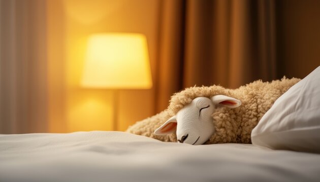 Surreal bedtime imagery, a sheep tucked under soft blankets in a warmly lit bedroom, representing relaxation and humorous dreamlike themes