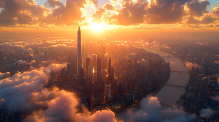 Obraz premium Cityscape at Dawn: A breathtaking aerial view captures a modern cityscape emerging from a sea of clouds at dawn, bathed in the warm glow of the sunrise.
