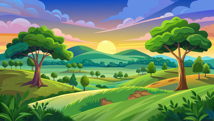 Obraz premium Grassy fields and trees with lush green foliage in green rolling hills below a blue sky in the light of sunset in summer