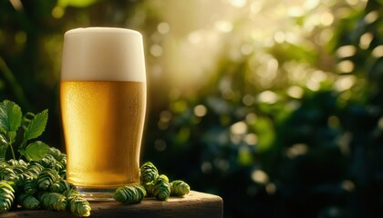 Traditional craft beer concept, a chilled glass of beer on a wooden surface with freshly picked hops, bathed in golden sunlight