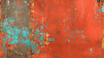 Distressed abstract textured background with red, orange, and blue tones, featuring grunge elements, artistic brush strokes, and a weathered surface for creative design and vintage aesthetics.