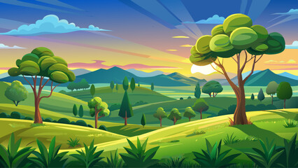 Naklejka premium Grassy fields and trees with lush green foliage in green rolling hills below a blue sky in the light of sunset in summer