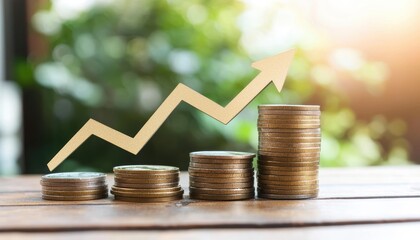 Wealth accumulation and financial success, stacked coins with a growth arrow illustrating return on investment and economic progress