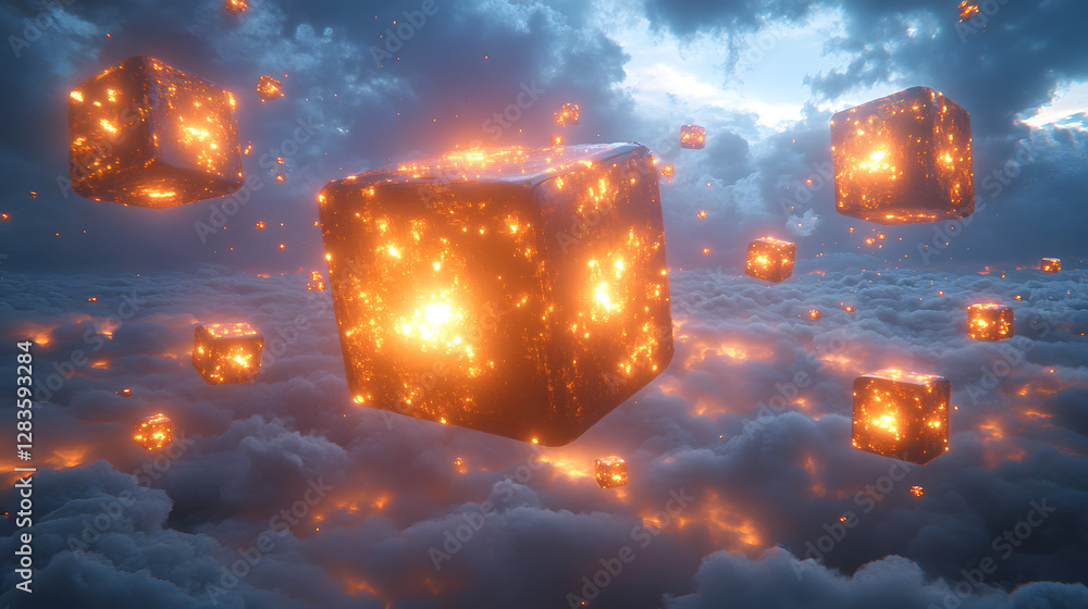 Poster celestial cubes: floating luminous cubes illuminate a twilight sky, their fiery cores casting a warm