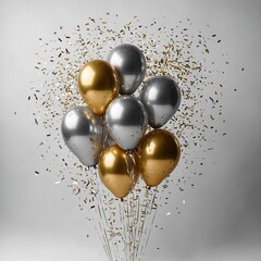 "A minimalist yet festive birthday greeting card design with realistic gold and silver balloons, scattered shiny confetti, and modern typography on a clean white background."