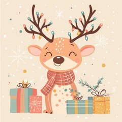Naklejka premium Festive Deer Delight: A charming deer, adorned with twinkling lights on its antlers and a cozy scarf, stands amidst beautifully wrapped gifts, perfect for holiday cards, promotions, and more.