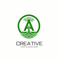 Letter A Tree Root Vector logo Design, Circle A letter with tree logo design