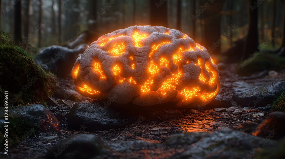 Aufkleber illuminating intellect: a surreal image of a glowing brain nestled within a mystical forest, evoking