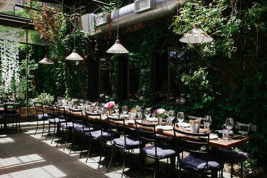Elegant dining setup in a lush green restaurant with natural lighting and floral centerpieces