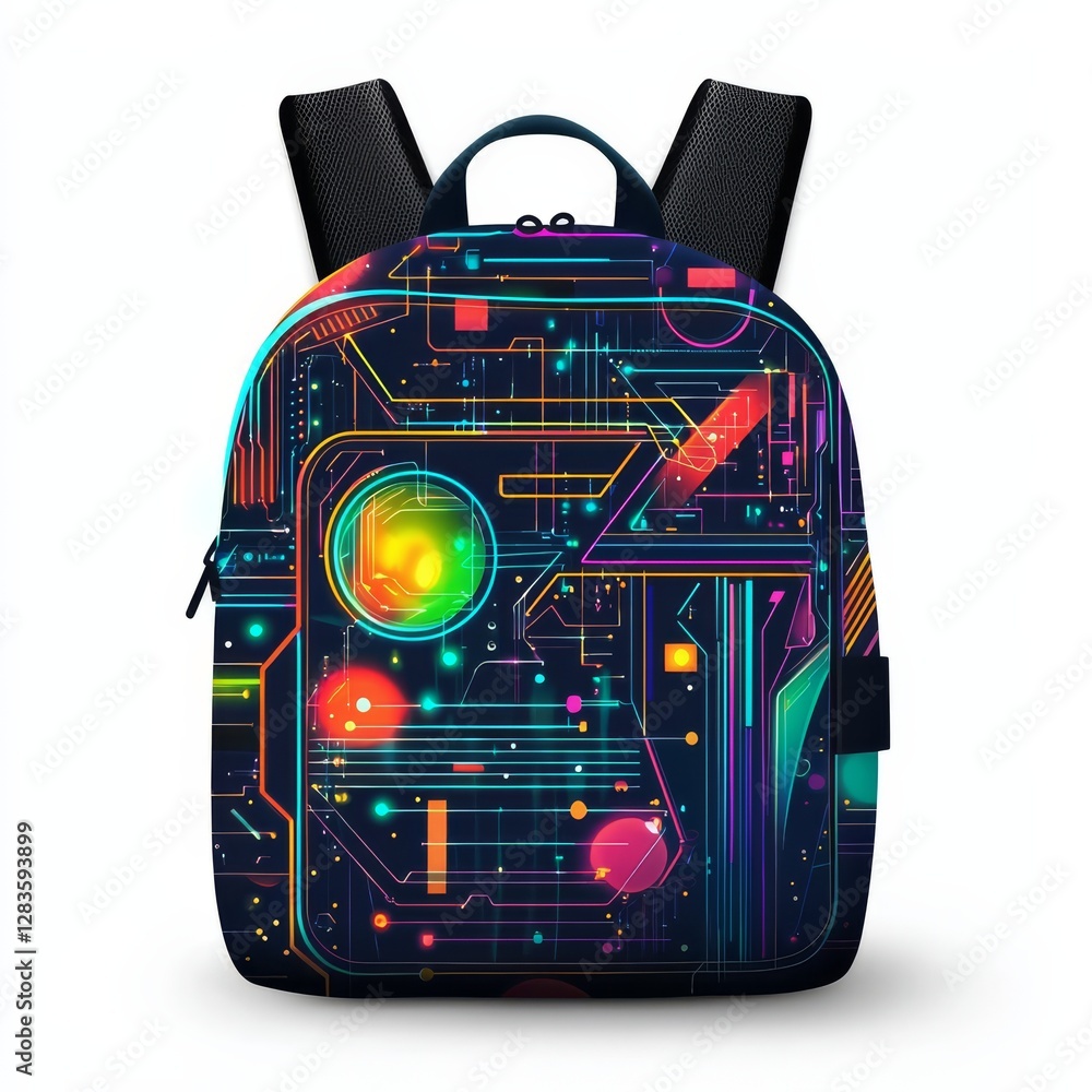 Poster technology-inspired backpack: a modern backpack featuring a circuit board design with vibrant neon c