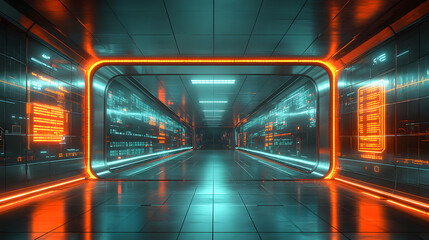 Obraz premium Cybernetic Corridor: A mesmerizing futuristic corridor glows with a vibrant orange and teal ambiance, creating a visually captivating scene with sleek, symmetrical architecture.