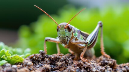 Close-up of grasshopper on soil, green foliage background; nature photography