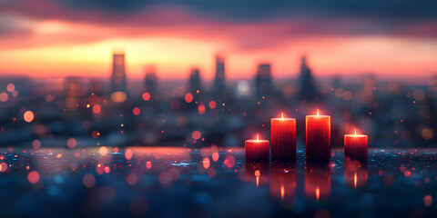 Cityscape Sunset with Burning Candles Reflecting, Hope and Serenity in Urban Ambiance, Peaceful Night