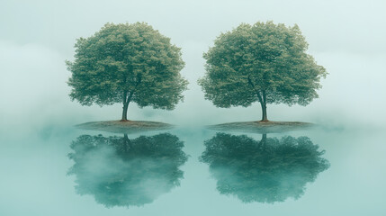 Twin Trees in Misty Lake: Two symmetrical trees stand on small islands in a tranquil lake, shrouded in a soft, ethereal mist, their reflections mirrored in the calm water.