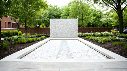 Obraz premium Symmetrical modern stone monument and dry reflection pool filled with white pebbles surrounded by green trees in a peaceful park setting.