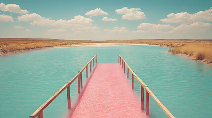 Obraz premium A Bridge to Tranquility: A vibrant pink bridge leads to a serene body of water under a blue sky with fluffy clouds, inviting viewers to a place of peace and contemplation.