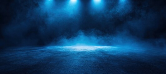 Fototapeta premium Empty concrete floor with blue fog and spotlights shining from above