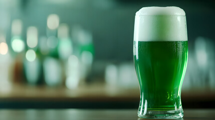 Glass of green beer on the bar table. St. Patrick&rsquo;s Day concept