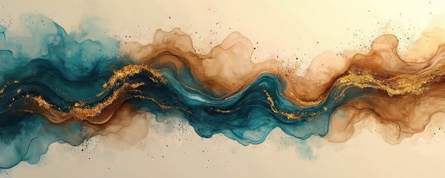 Abstract brown art with blue, gold accents on beige background. Beautiful alcohol ink smudges, stains, golden paint create marbleized effect. Flowing colors artwork ideal for modern design projects.