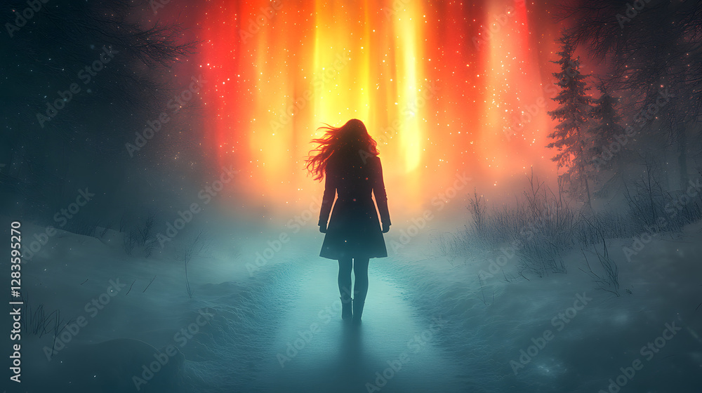 Poster journey's beginning: a lone figure embarks on a path through a misty forest, illuminated by a vibran
