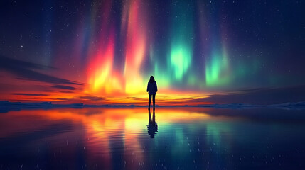 Stargazing: A silhouette of a solitary figure stands before a breathtaking display of the aurora borealis, with the vibrant, colorful lights reflected on the water's surface.