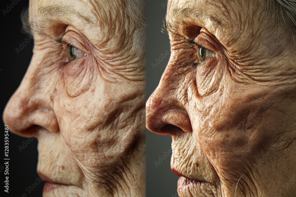 Poster transformation of an aged face highlighting wrinkles on one side and youthful smoothness on the othe