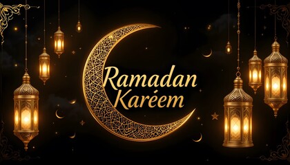 Elegant Ramadan Kareem Greeting Card with Golden Crescent Moon and Lanterns 