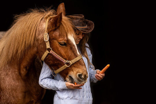 Happy equestrian: A young teenager girl and her horse interacting together in front of black background. The girl is feeding the horse carrots