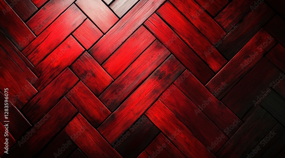 Poster red wooden floor with herringbone pattern creating dramatic background